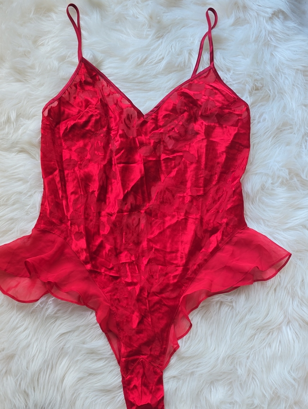 Victoria's Secret Red Satin Ruffle Teddy Bodysuit Lingerie SIZE M